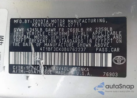 2011 Toyota Camry Le z USA, uszkodzony, nr VIN 4T1BF3EK0BU762237